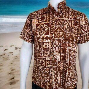 Vtg Barkcloth Tapa Print Shirt Mens L 60s Dagger Collar Hawaiian Tiki Brown USA